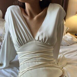 Iris Long Sleeve Satin Shirt - Cream White - Size Small